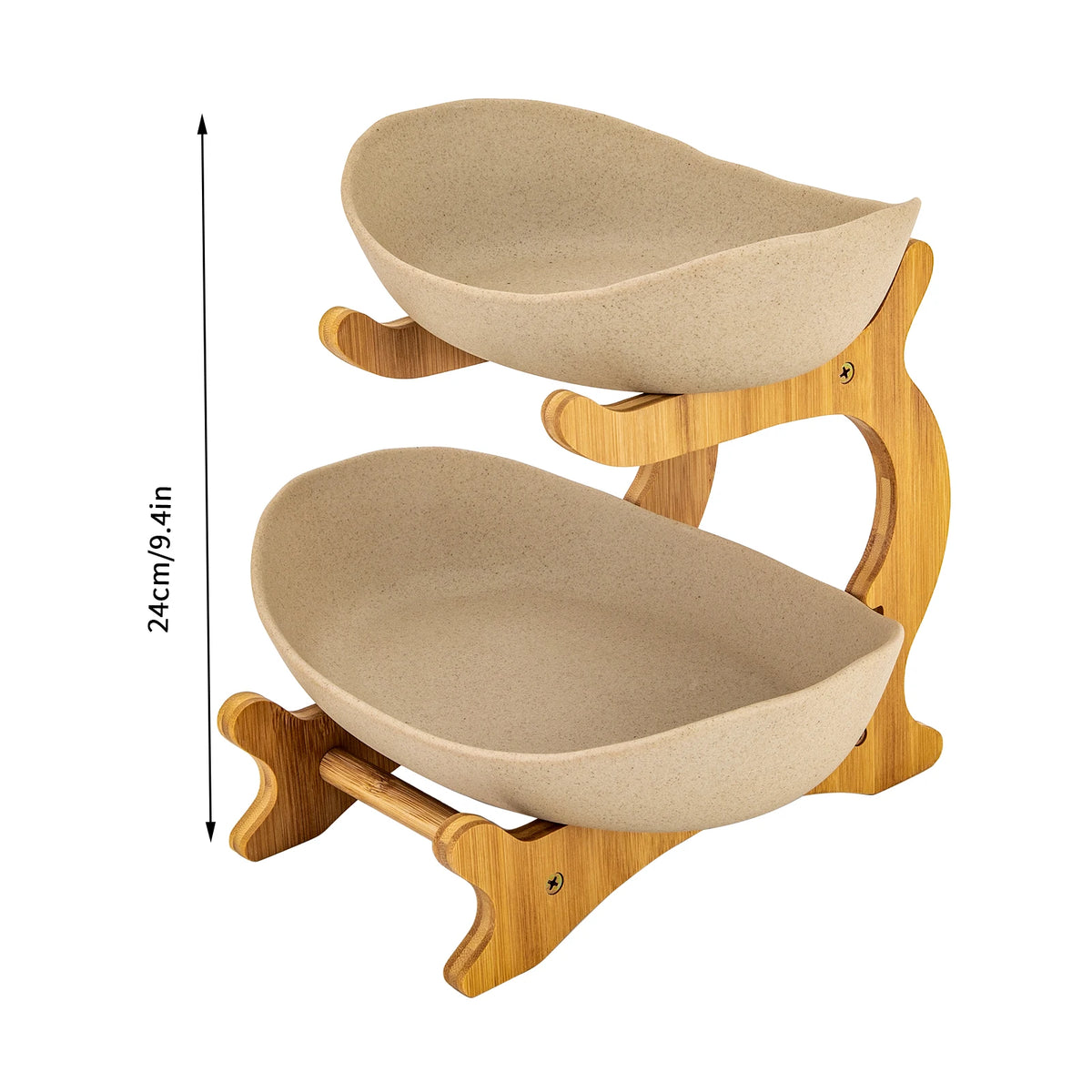 Bamboo Two Tier Ceramic Fruit Bowl Wooden Serving Tray