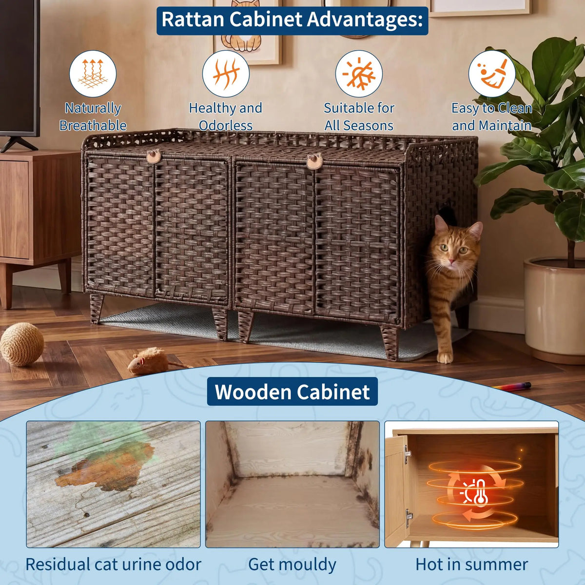 HiMISS Rattan Cat Litter Box Enclosure Cabinet With Double Doors
