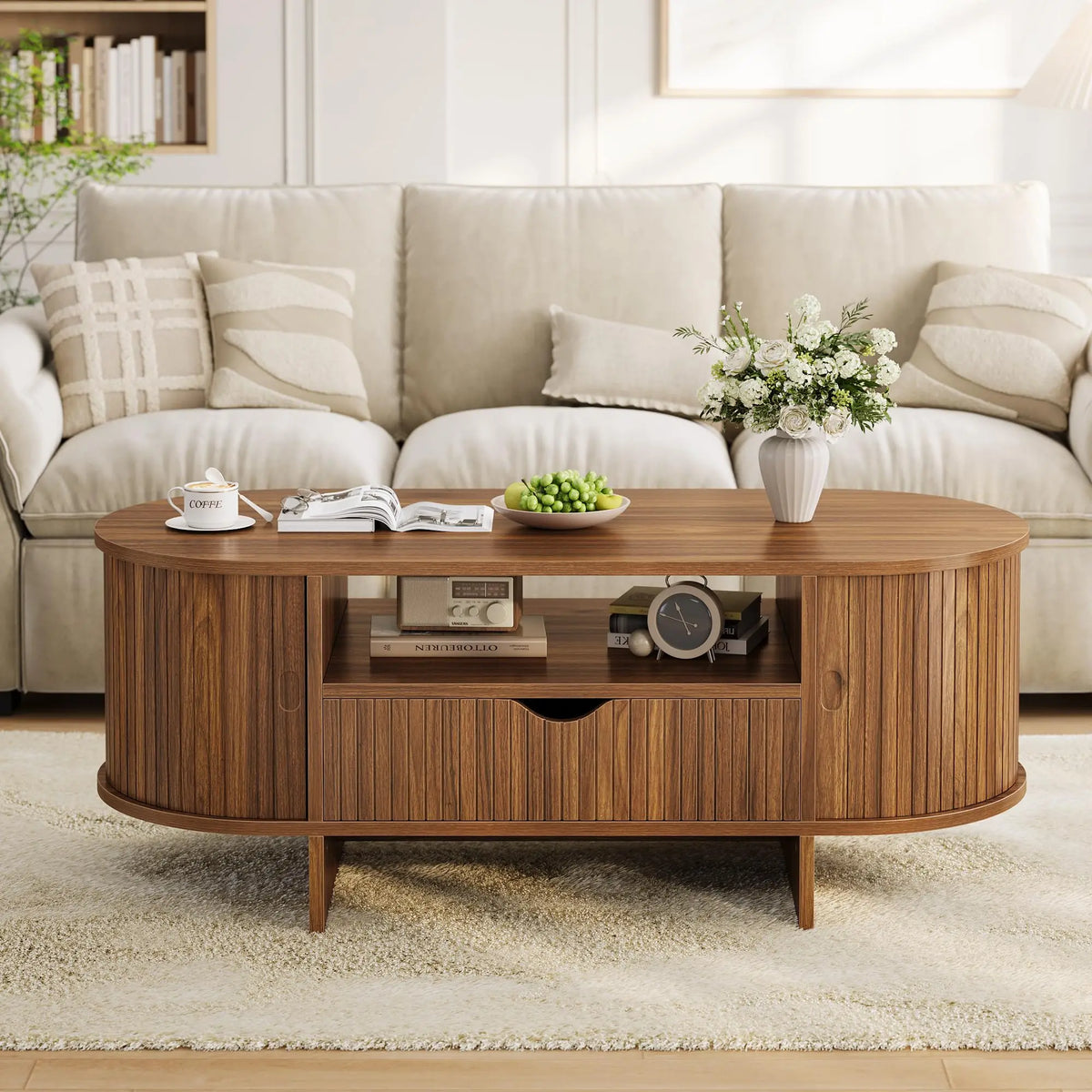 Mid Century Modern Fluted Oval Coffee Table With Secure Hidden Storage