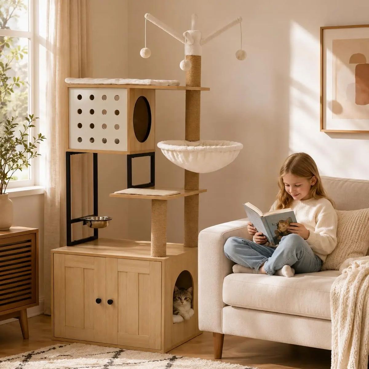 Multi Tier Cat Tree With Concealed Litter Box Cabinet Enclosure