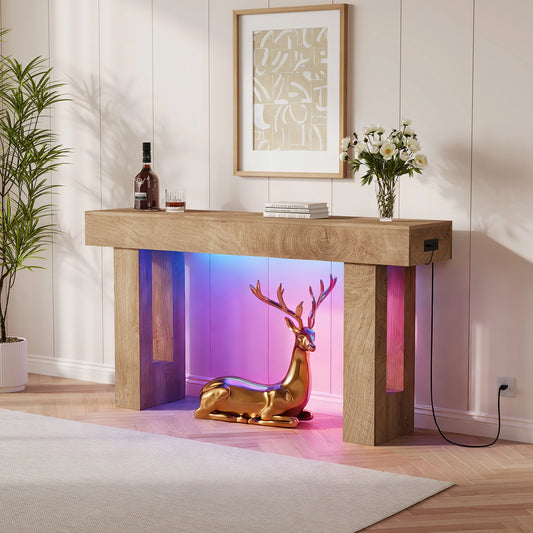 Farmhouse Wood Console Table With LED Lighting And USB Charger