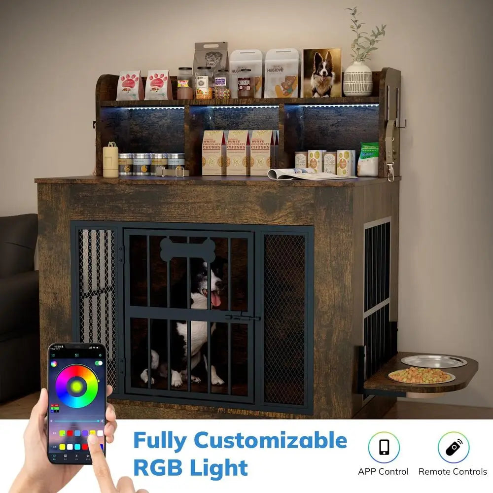 Indoor Dog Crate Furniture With Storage Shelf And Stainless Bowls