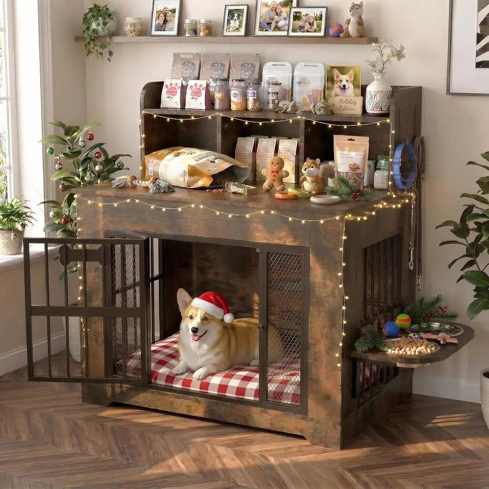 Indoor Dog Crate Furniture With Storage Shelf And Stainless Bowls