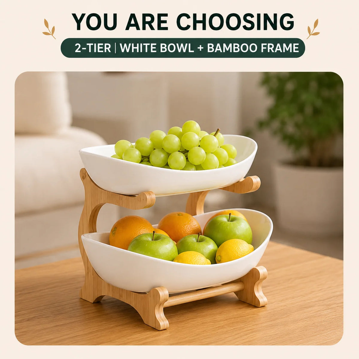 Multi Tier Plastic Fruit Display Bowl With Bamboo Stand