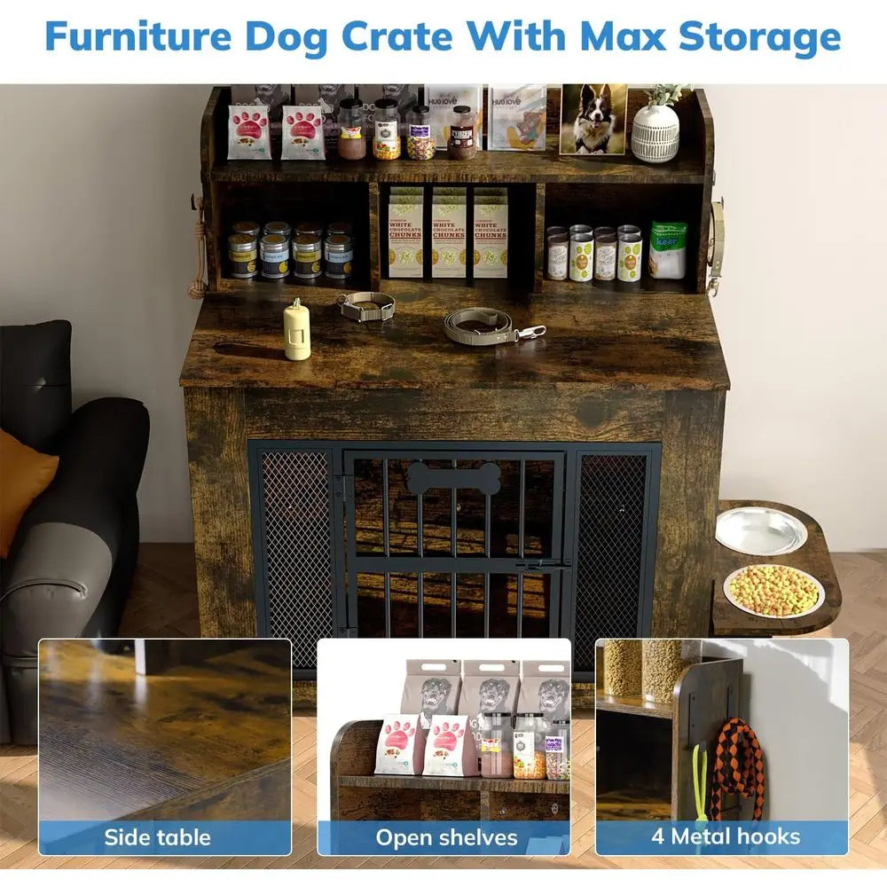 Indoor Dog Crate Furniture With Storage Shelf And Stainless Bowls