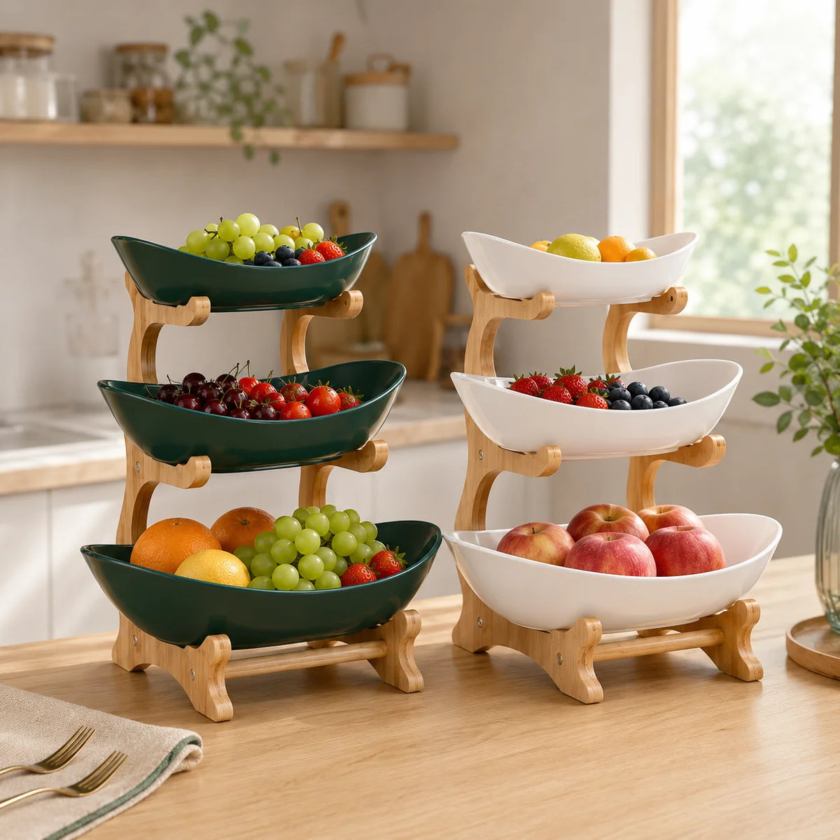 Multi Tier Plastic Fruit Display Bowl With Bamboo Stand