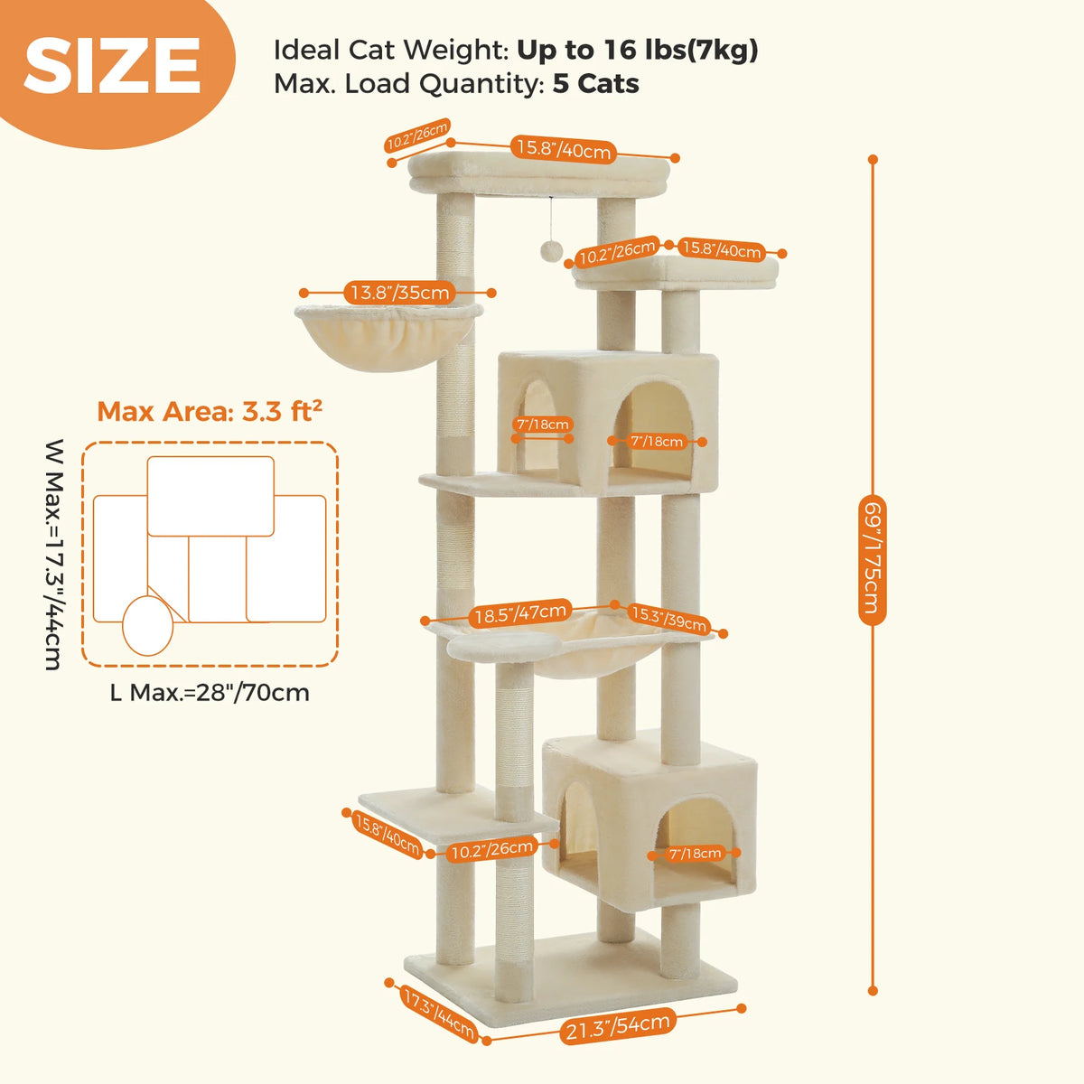 PAWZ Road Tall Cat Tower With Hammock And Scratching Posts