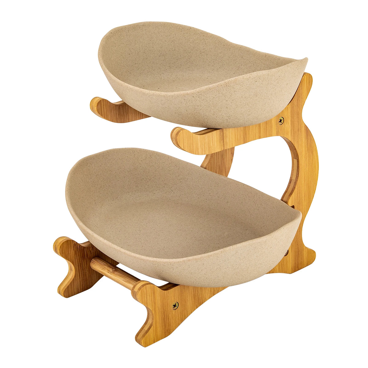 Bamboo Two Tier Ceramic Fruit Bowl Wooden Serving Tray