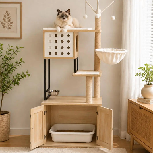 Multi Tier Cat Tree With Concealed Litter Box Cabinet Enclosure