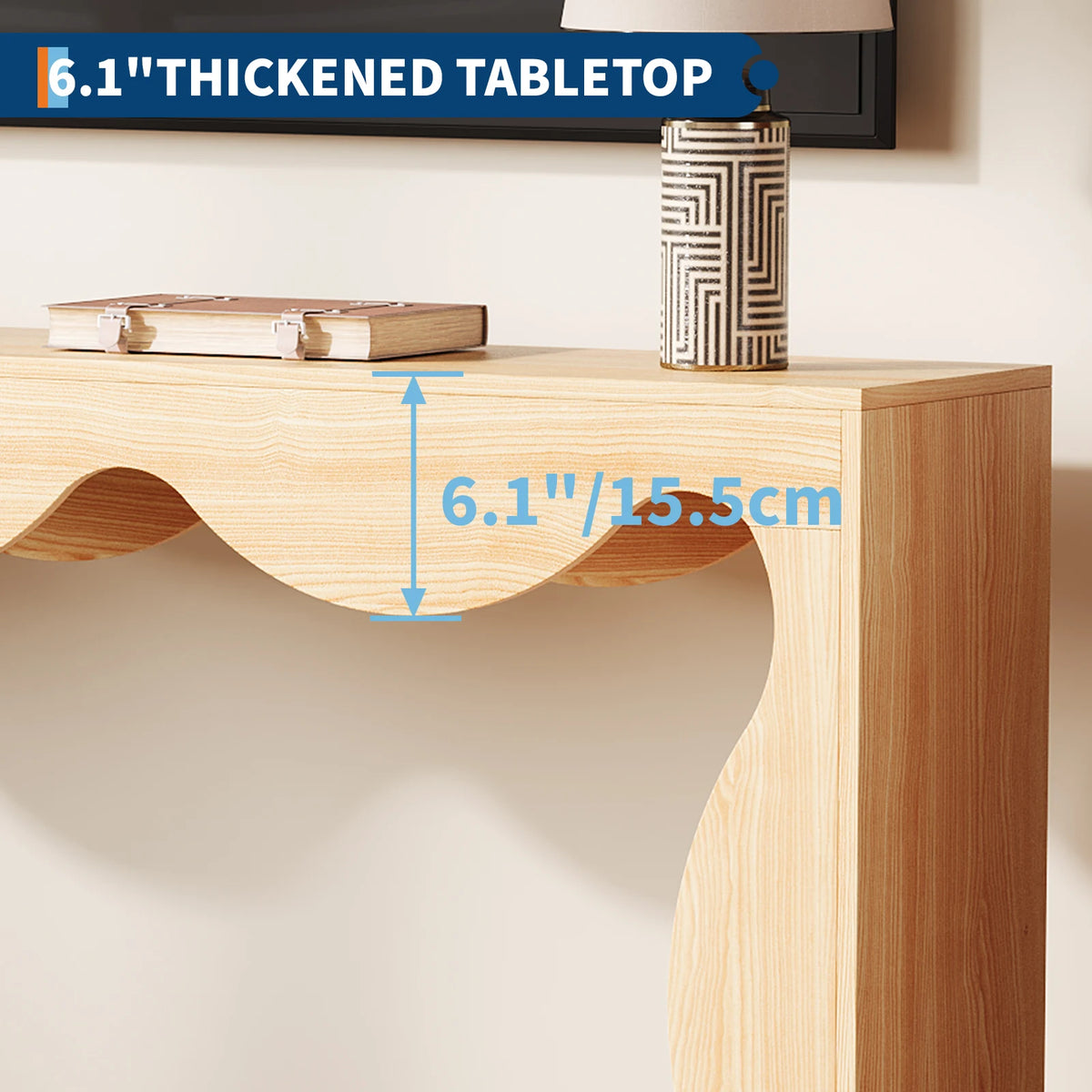 Farmhouse Wood Console Table With Scalloped Edge And Storage Shelf