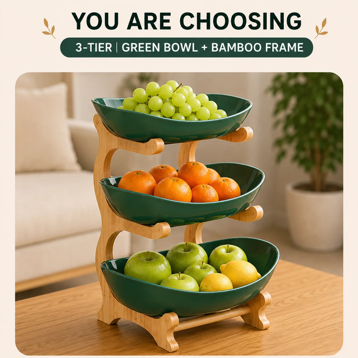 Multi Tier Plastic Fruit Display Bowl With Bamboo Stand