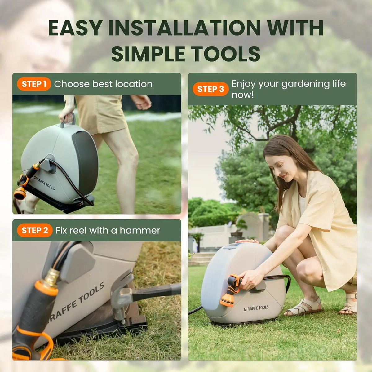 Giraffe Tools Retractable Garden Hose Reel With Automatic Rewind Function