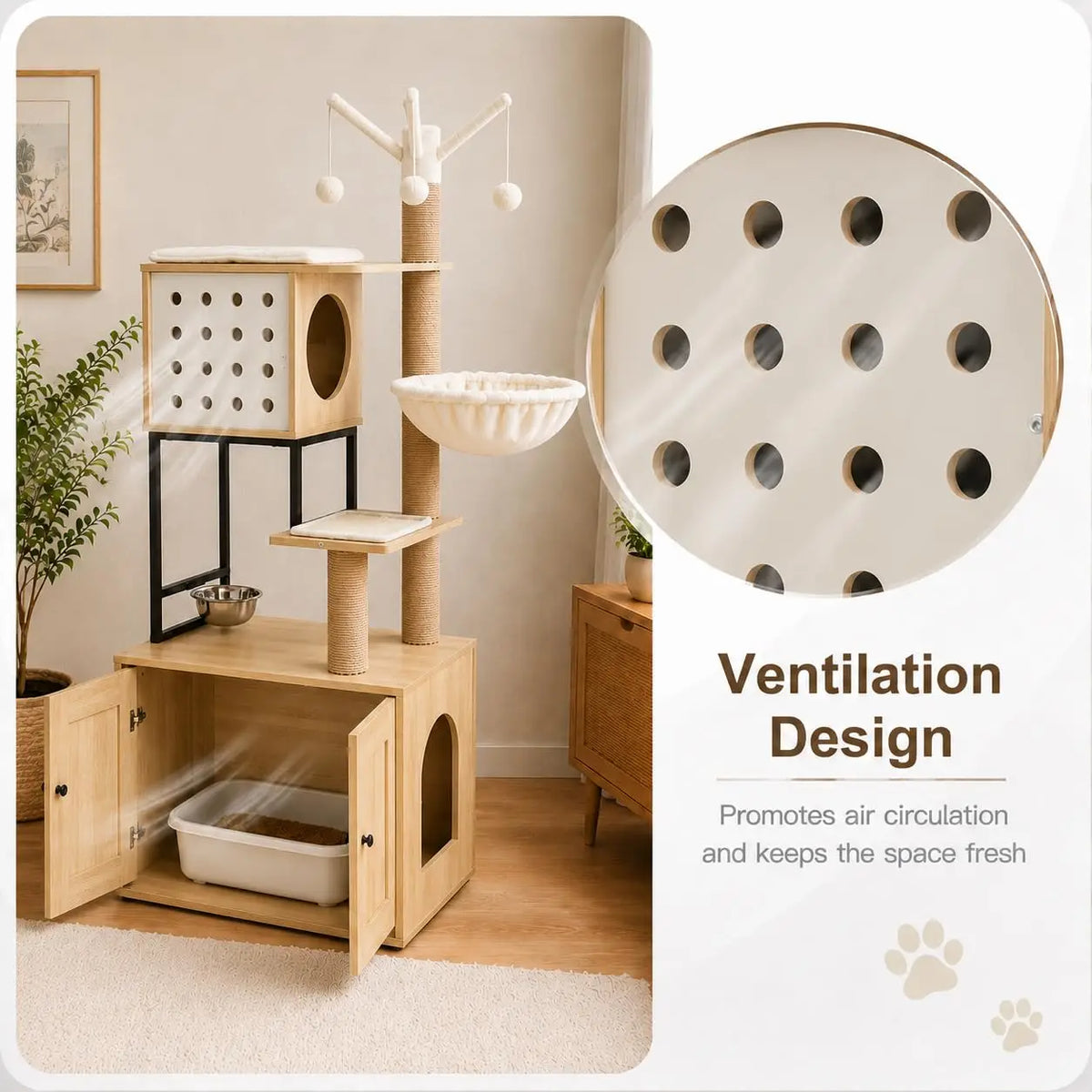 Multi Tier Cat Tree With Concealed Litter Box Cabinet Enclosure