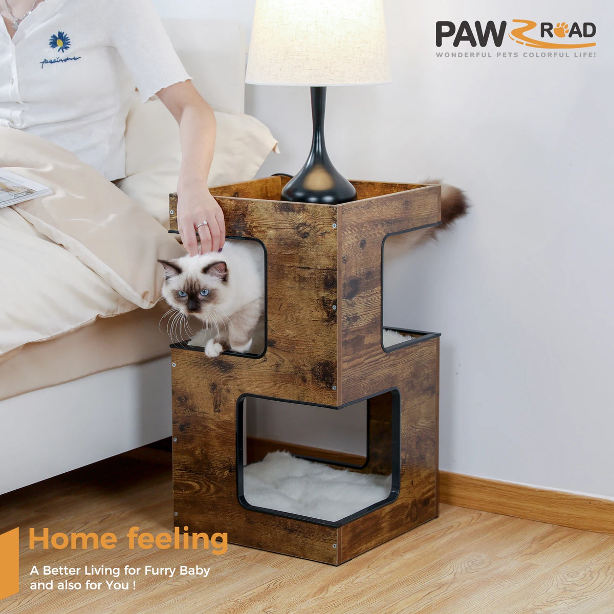 PAWZ Road Modern Wood Cat Condo Featuring Integrated Scratching Pad