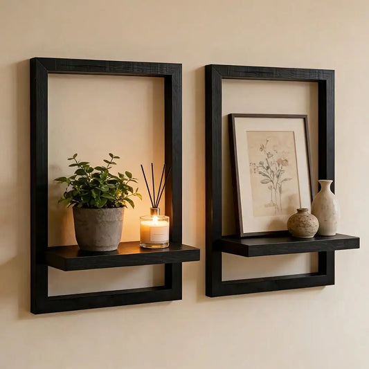 Pair of Rustic Floating Wall Shelves Wooden Storage Rack