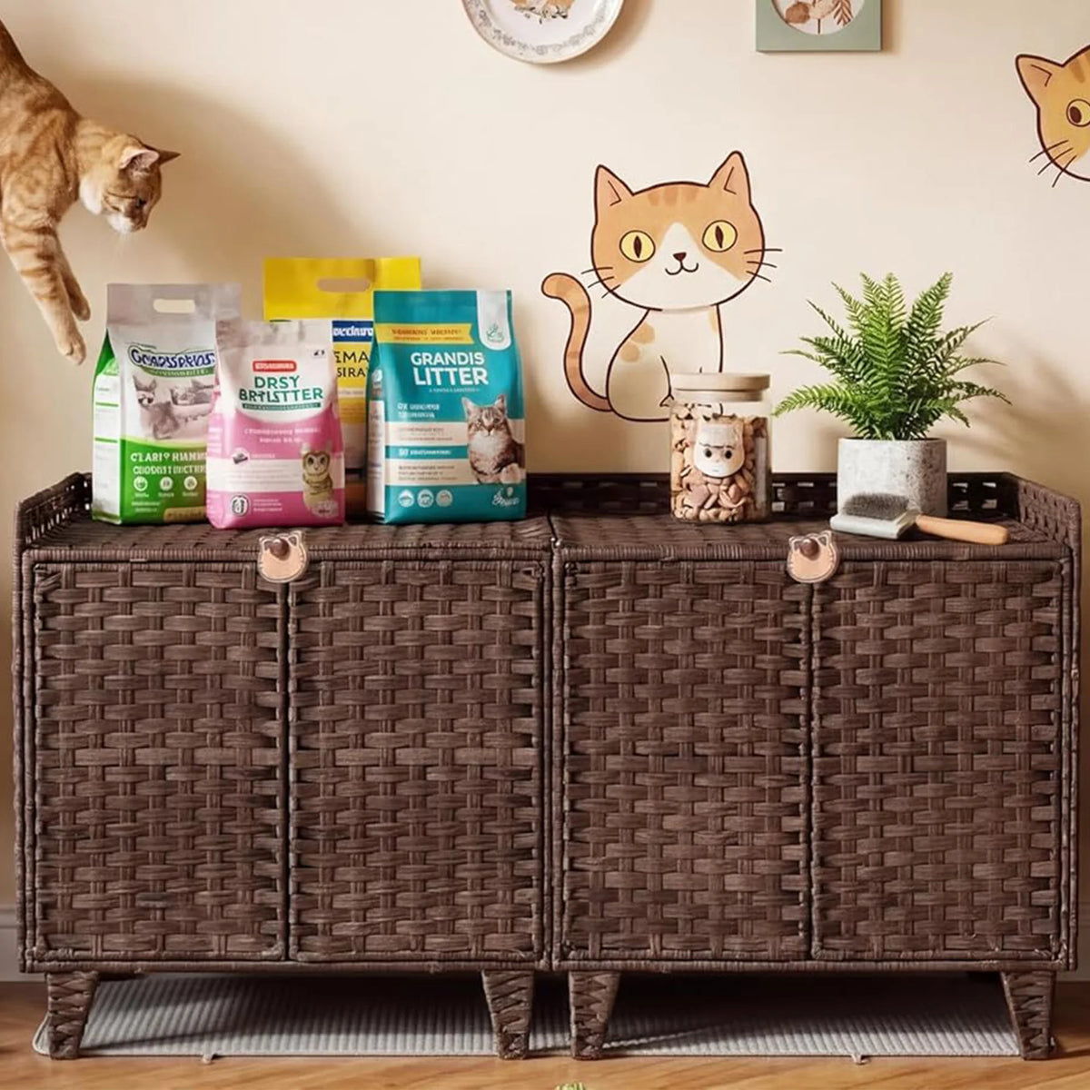 HiMISS Rattan Cat Litter Box Enclosure Cabinet With Double Doors
