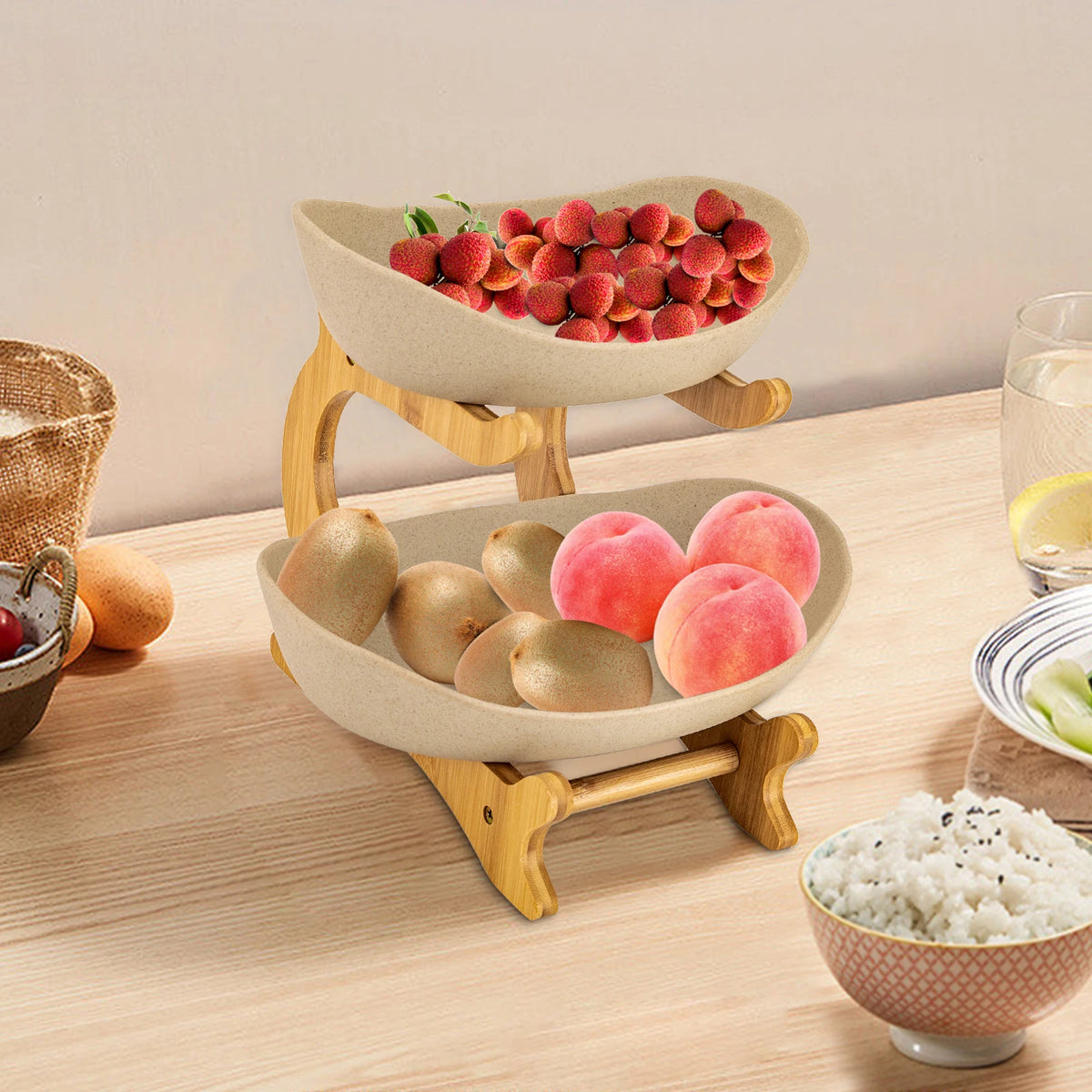 Bamboo Two Tier Ceramic Fruit Bowl Wooden Serving Tray