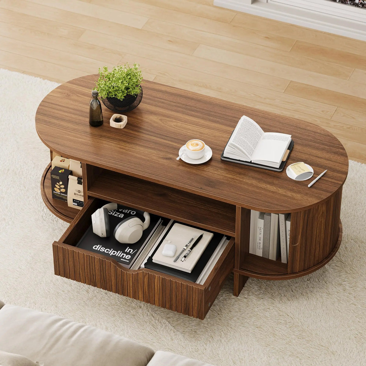 Mid Century Modern Fluted Oval Coffee Table With Secure Hidden Storage