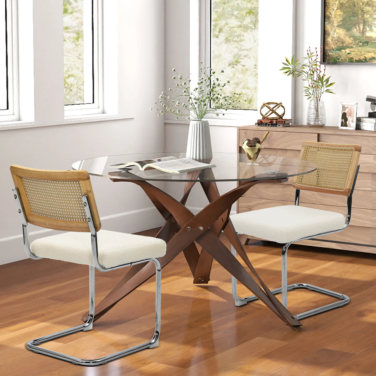 Cesca Style Cantilever Dining Chairs With Rattan Back Boucle Seat