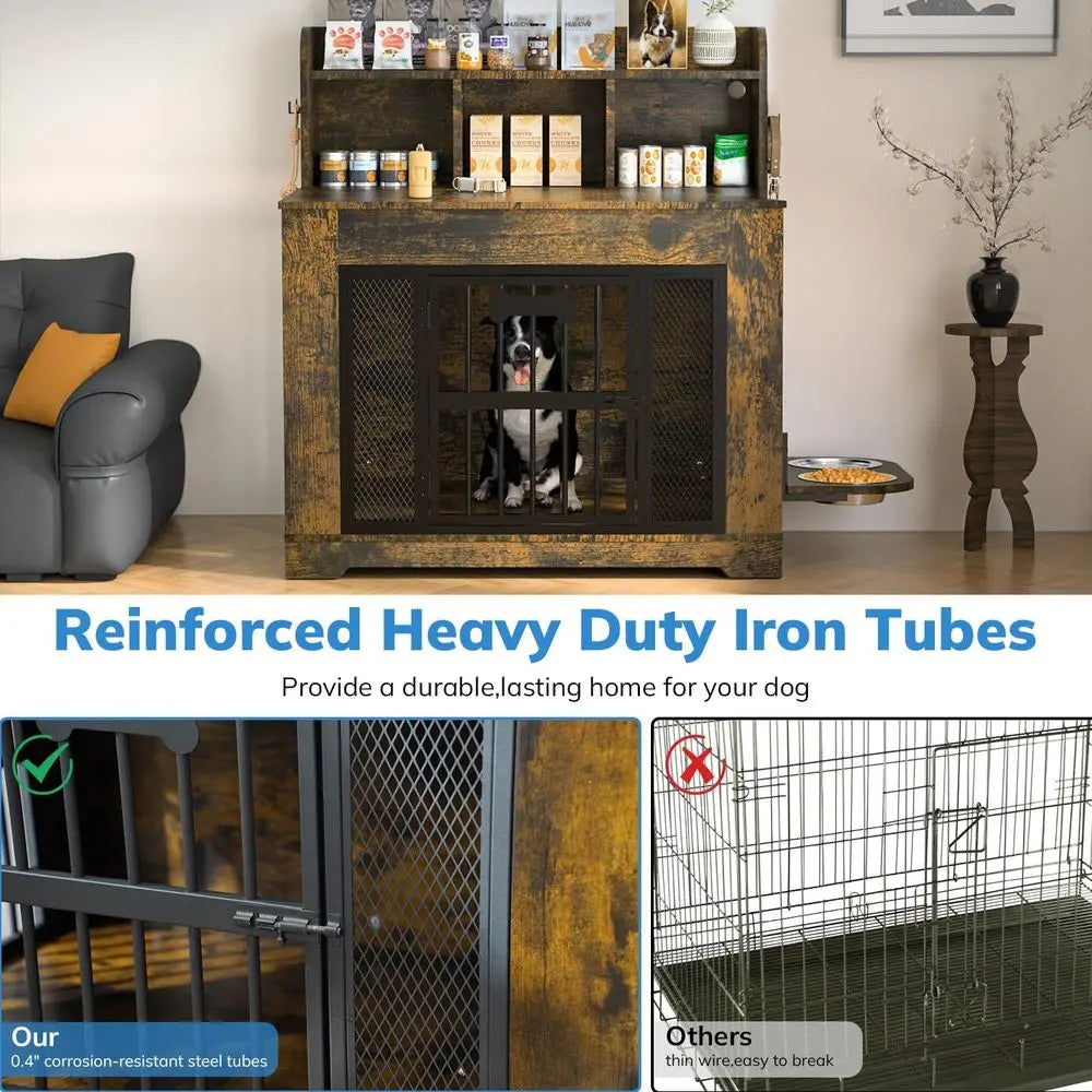 Indoor Dog Crate Furniture With Storage Shelf And Stainless Bowls