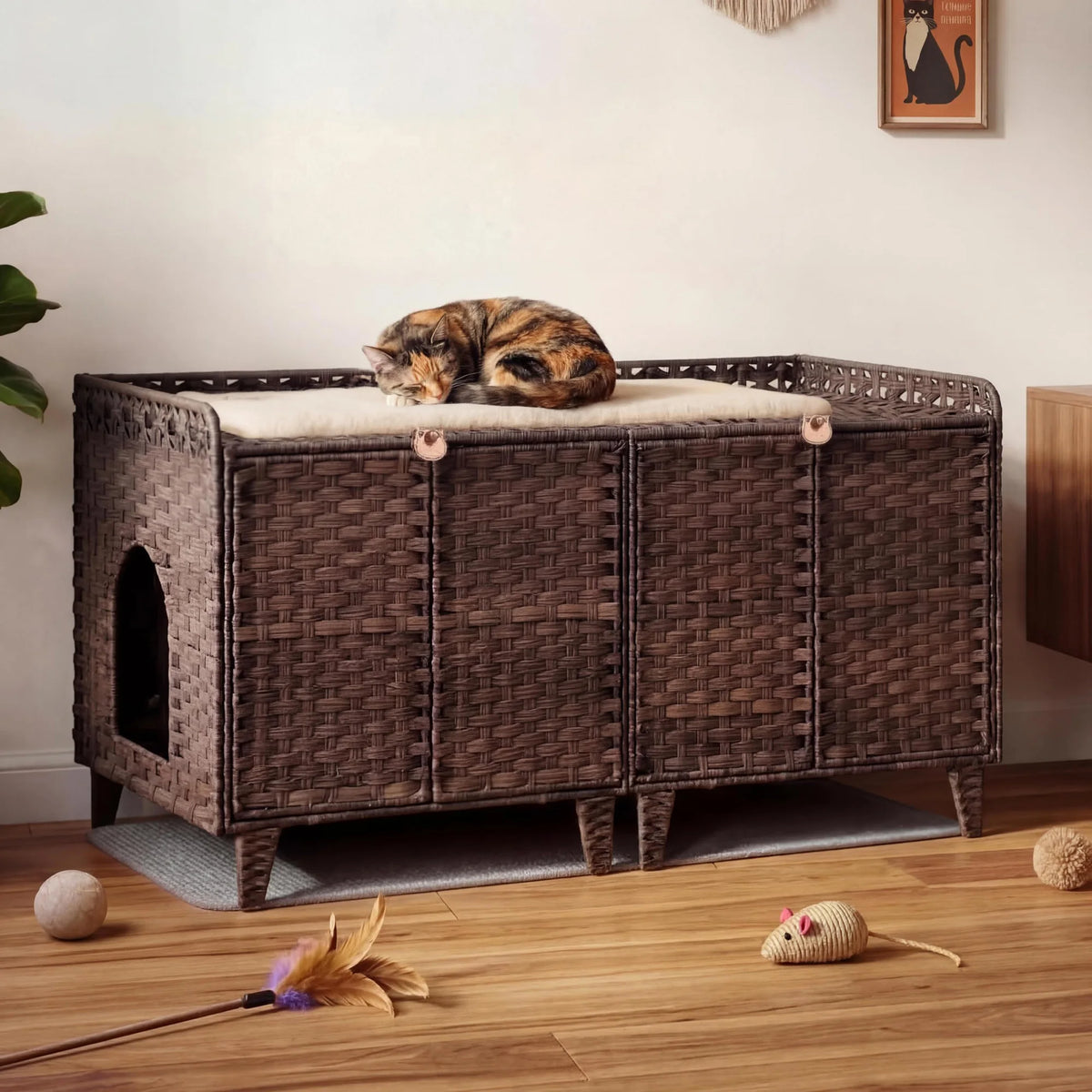 HiMISS Rattan Cat Litter Box Enclosure Cabinet With Double Doors