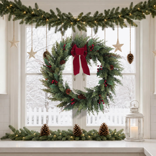 Olitree Foldable Christmas Wreath Artificial Cedar With Pinecones And Berries