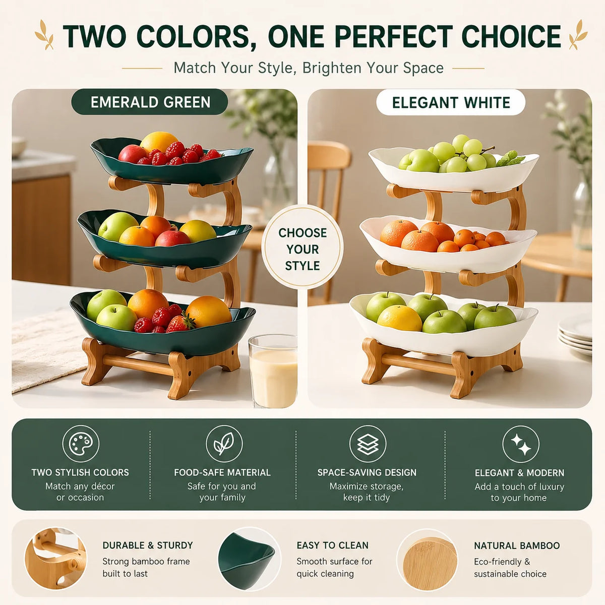 Multi Tier Plastic Fruit Display Bowl With Bamboo Stand