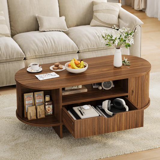 Mid Century Modern Fluted Oval Coffee Table With Secure Hidden Storage