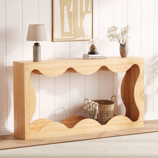 Farmhouse Wood Console Table With Scalloped Edge And Storage Shelf