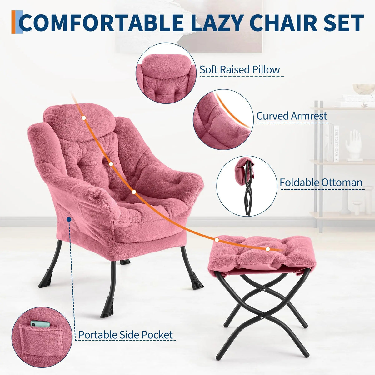 EliteZ Modern Lounge Chair With Ottoman And Side Pocket