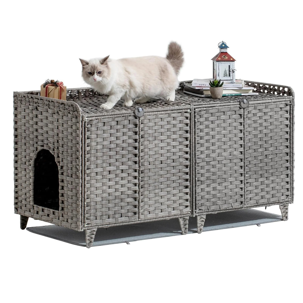 HiMISS Rattan Cat Litter Box Enclosure Cabinet With Double Doors