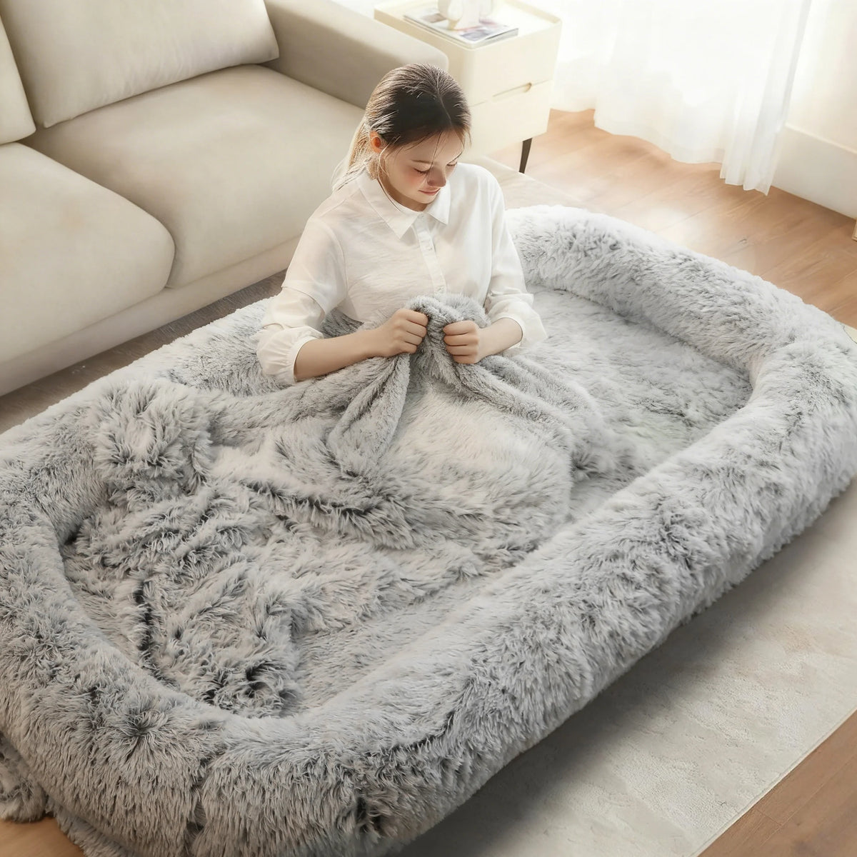 Large Orthopedic Human Dog Bed with Removable Faux Fur Cover