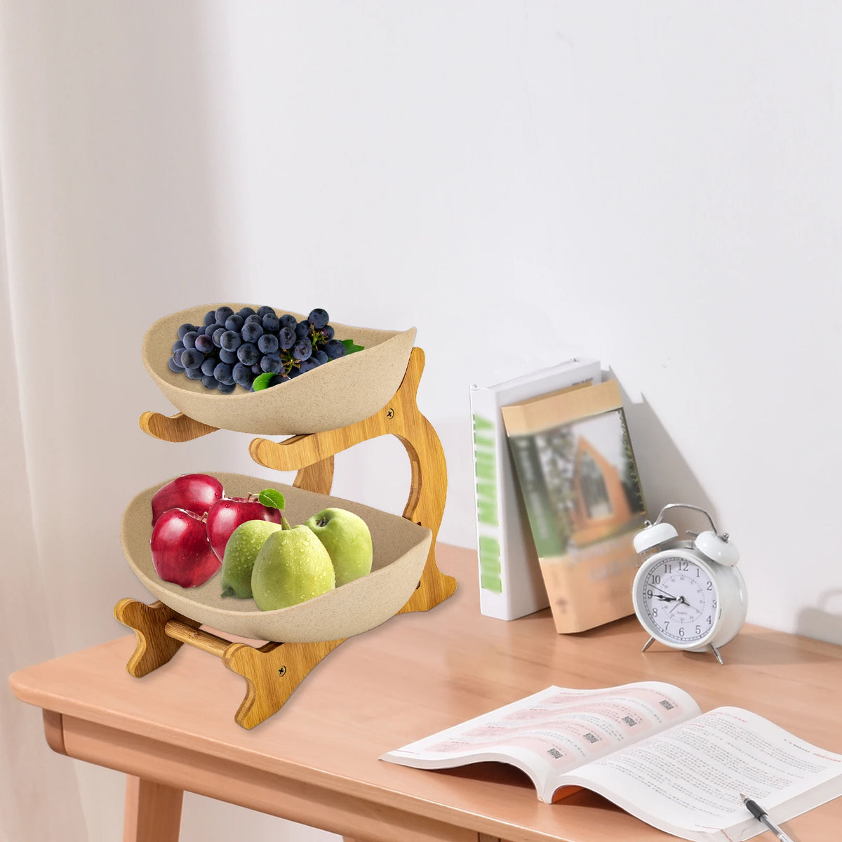Bamboo Two Tier Ceramic Fruit Bowl Wooden Serving Tray