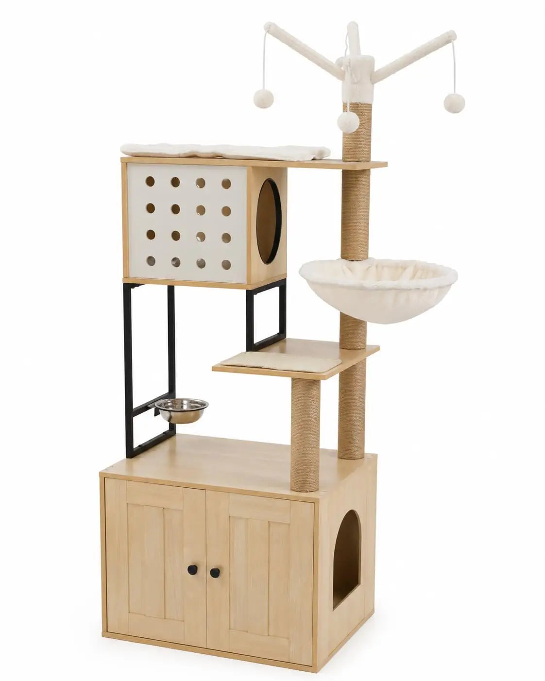 Multi Tier Cat Tree With Concealed Litter Box Cabinet Enclosure