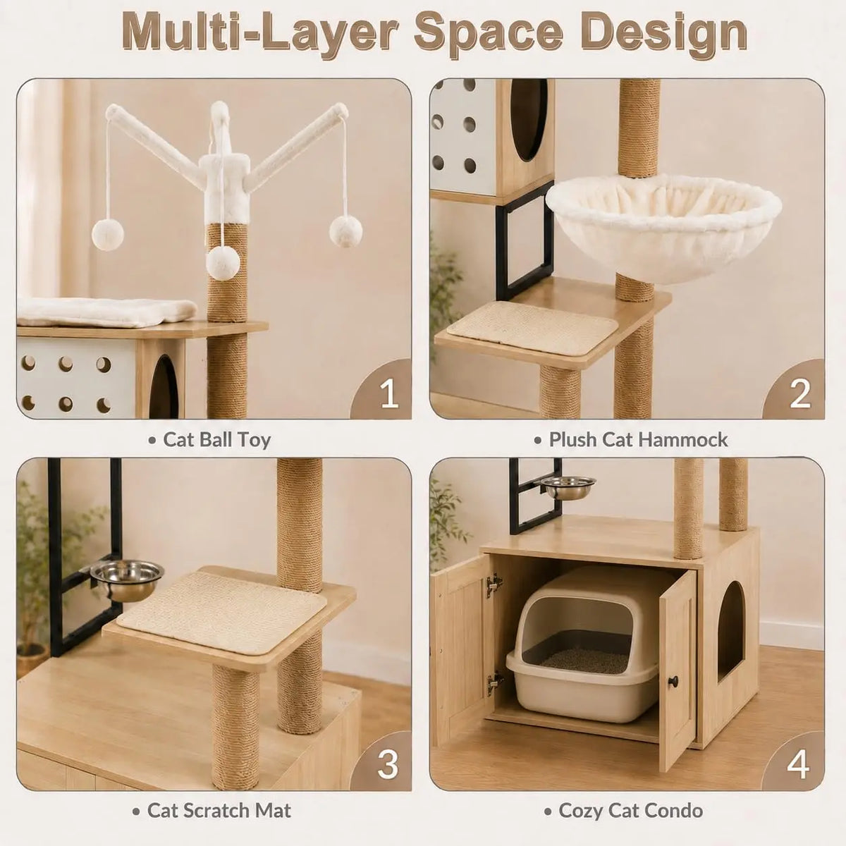 Multi Tier Cat Tree With Concealed Litter Box Cabinet Enclosure