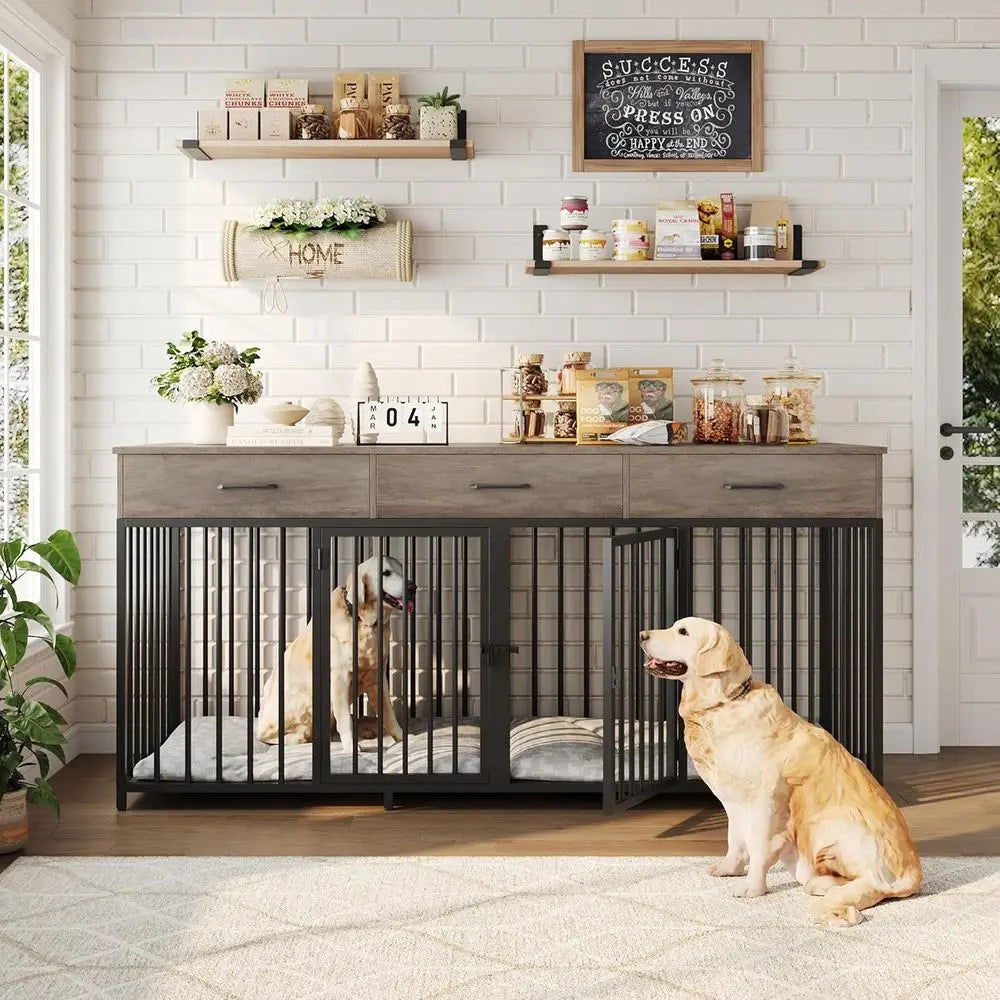 Furniture Style Double Dog Crate With Integrated Side Table